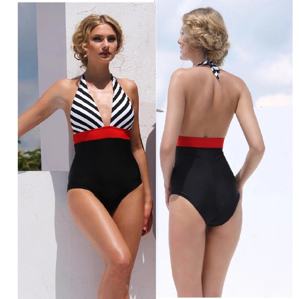 NWT Black & White & Red Print Luxury Swimsuit